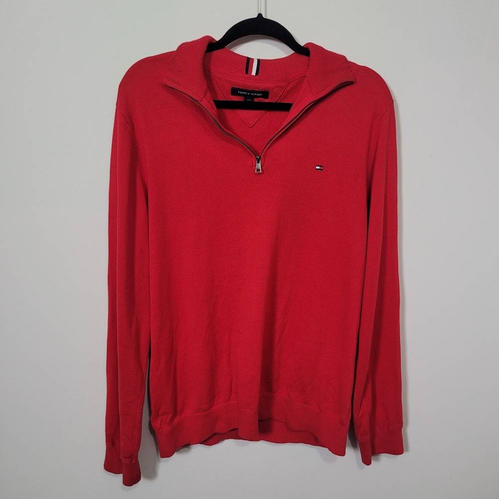 Tommy Hilfiger Size L Quarter Zip Sweater Mens Red Mock Neck Pullover Knit Logo